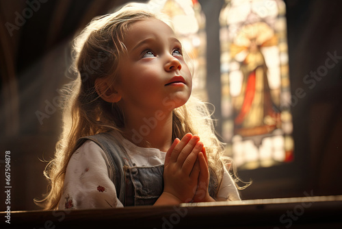 a little girl praying in a church, showing her faith in god and Jesus