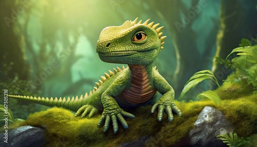 prehistoric adorable reptilian creature with big eyes sitting on a mossy rock 