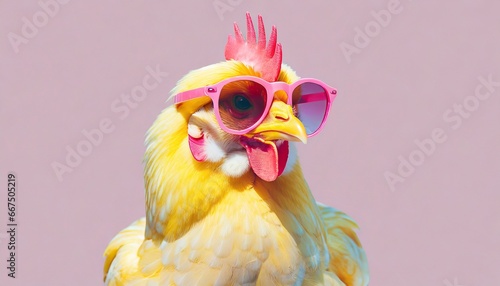 smiling yellow Chicken hen in sunglass transparent pink glasses isolated on solid pastel background