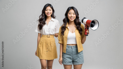 Portrait of two beautiful young Asian women smiling with megaphone on White Background