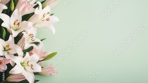 Several white flowers lilies on a seamless pastel green background making a border. Top view. Flat lay. Copy space for text