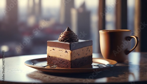 piece of torte  one cherry on top  cop of coffee  food photography  on blurred city background