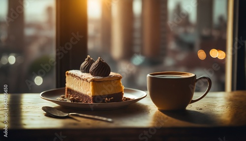 piece of torte, one cherry on top, cop of coffee, food photography, on blurred city background photo