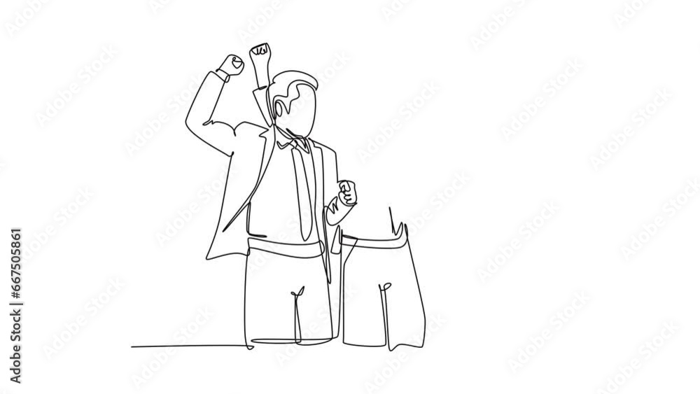 Self drawing animation of single line draw young startup founders and CEO raised their fist into the air to celebrate their success got fund from investor. Continuous line draw. Full length animated Self drawing animation of single line draw young startup founders and CEO raised their fist into the air to celebrate their success got fund from investor. Continuous line draw. Full length animated