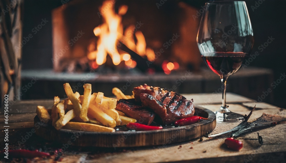 Grilled steak fillet on rustic wood plate, with wineglass background 