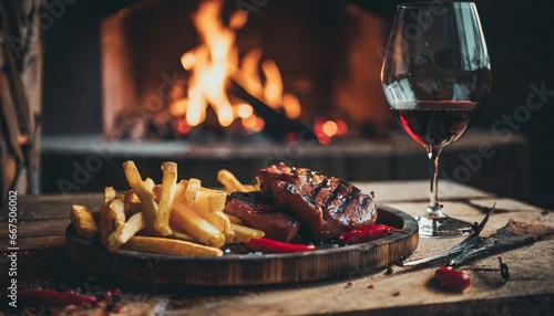 Grilled steak fillet on rustic wood plate  with wineglass background 