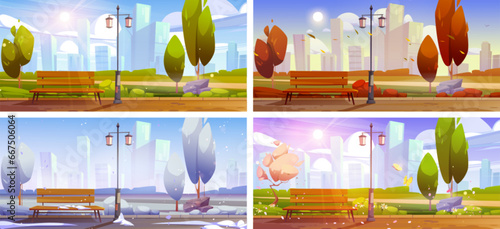 City park with bench season background vector set. Public garden in town outdoor scene. Cityscape in summer, fall, winter and spring different design. Urban alley illustration with autumn scenery