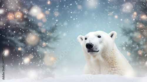 polar bear on Christmas background with lights and blurred bokeh, happy new year letterhead with copy space