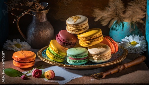 Set of multicolored pastries on dark background. Sweet tasty macaroons in bowl on canvas brown cloth on table. Food photo in low key. Pink, yellow, blue, orange homemade round cake. 