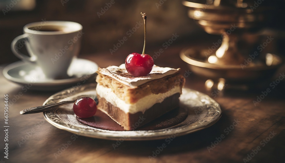 piece of torte, one cherry on top, cop of coffee, food photography, top view piece of torte, one cherry on top, cop of coffee, food photography, top view