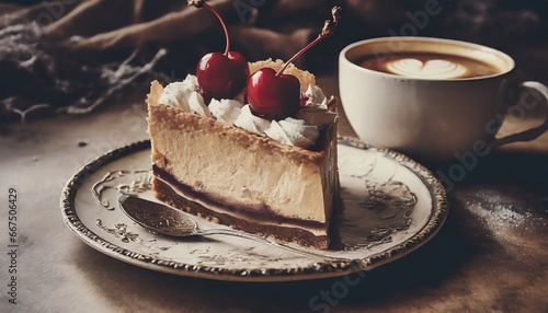 piece of torte, one cherry on top, cop of coffee, food photography, top view photo