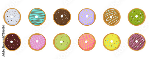 Set of twelve donuts in colored glaze