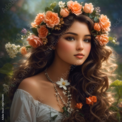 An attractive girl with flowers on her head