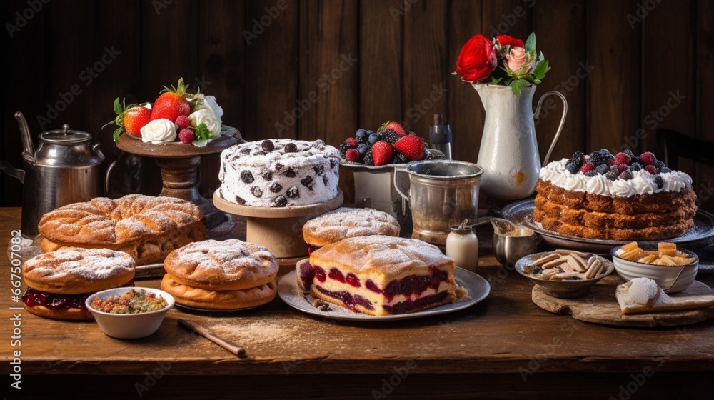 Mouthwatering Cakes and Pies Gracing a Wooden Table,