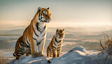 tiger and his cub standing on top of a snow-covered field