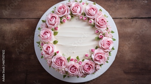 Over Head View of Elegant White Cake adorned with Delicate small Pink Buttercream Roses,