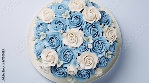 Over Head View of White Cake Embellished with Exquisite Blue Buttercream Roses,