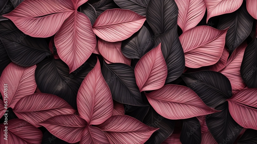 Pink and Black Leaves of Plants, Organized in Meticulous Rows, Offering a Captivating Aerial Display,