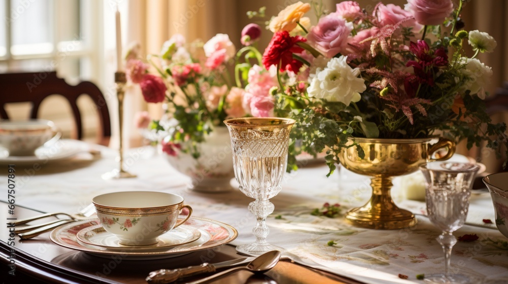 Place Setting Adorning the Dining Room Table with Fresh Blooms,