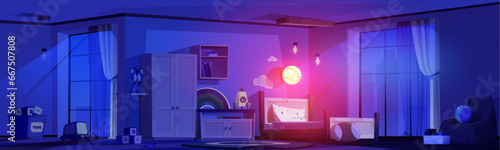 Child room interior at night. Cartoon vector illustration of dark kid boy bedroom with bed, wardrobe and other furniture, toys and books on shelf, moonlight through large window and space decorations.