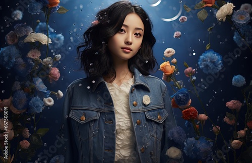 Wallpaper Mural Asian woman in denim jean jacket with ambient fantasy flower rain background, Generative Ai Torontodigital.ca
