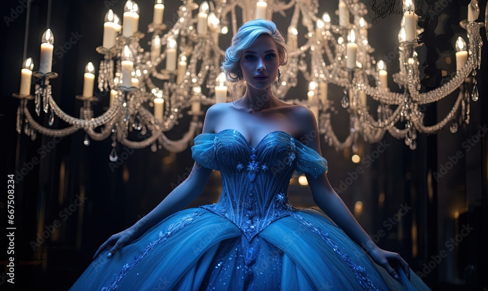  fairytale princess wearing blue gown with candle light chandelier as background, Generative Ai