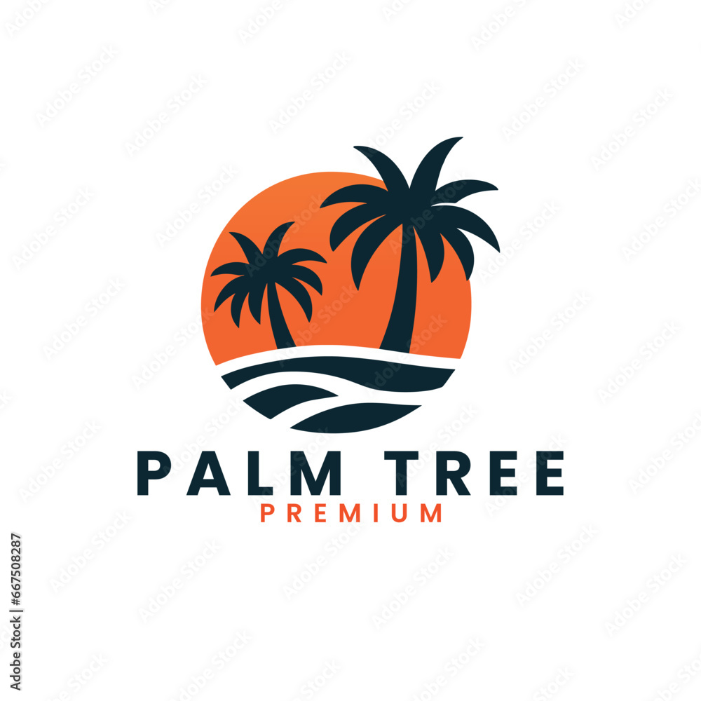 Vector summer palm tree icon and travel logo vector illustration