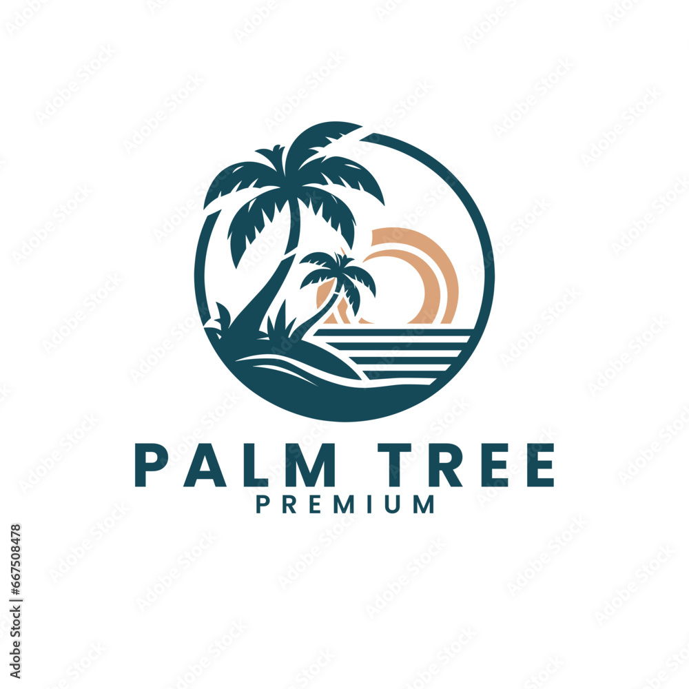 Vector summer palm tree icon and travel logo vector illustration