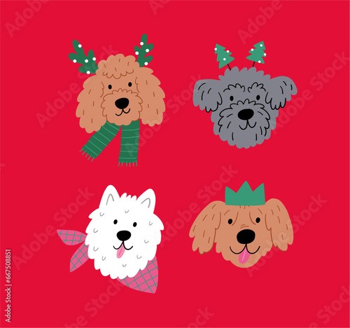 Cute cartoon Christmas dogs - vector prin in flat style. Holidays pet in Christmas hat and decor
