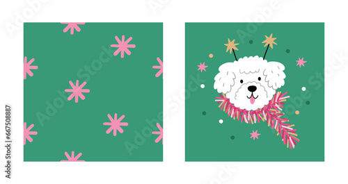 Cute cartoon Christmas dogs - vector prin in flat style. Holidays pet in Christmas hat and decor