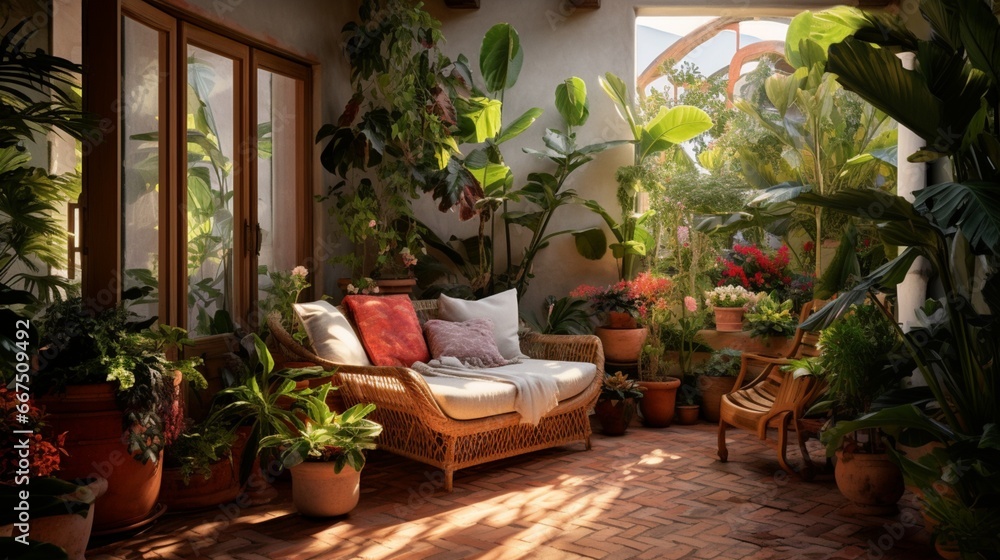 Sun-Kissed Corner Adorned with Lush Pot Plants, Creating a Peaceful Retreat,