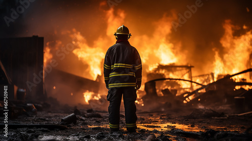 one firefighter, a man on fire, a view from the back, against the background of a burning fire in a fire, fiction, computer graphics