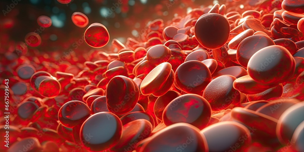 Flowing red blood cells, erythrocyte, health care concept. 3d rendering red blood cells in vein. Generative AI.