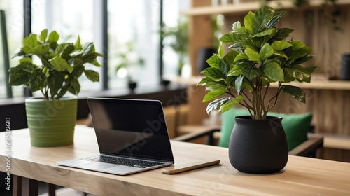 Table Adorned with a Laptop and two Green Plants pot in a Collaborative Coworking Office,