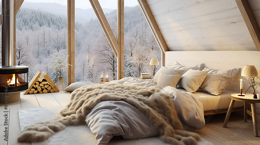 Warm bedroom with window with midwinter view Warm bedroom with window with midwinter view