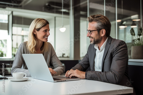 Concentrated diverse businesspeople sit at desk talk brainstorm at office meeting using laptop, focused colleagues consider discuss business ideas, work at computer at briefing, collaboration concept