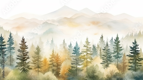 watercolor drawing  autumn landscape panorama coniferous forest in the mountains  horizon line on a white background in yellow tones of autumn