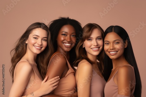 Portrait of happy diverse multi ethnic young women on beige background.