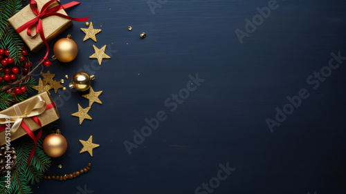 christmas landscape dark blue background, decoration, copy space, xmas celebration background