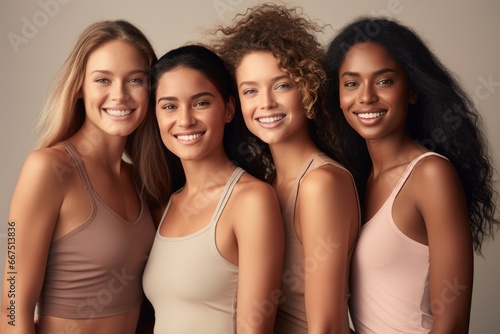 Portrait of happy diverse multi ethnic young women on beige background. © Oulaphone