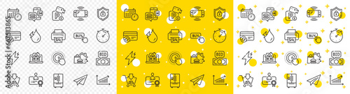 Outline Parking security, Refrigerator and Paper plane line icons pack for web with Calendar, Power, Shopping line icon. Bid offer, Print image, Click hand pictogram icon. Buy button. Vector