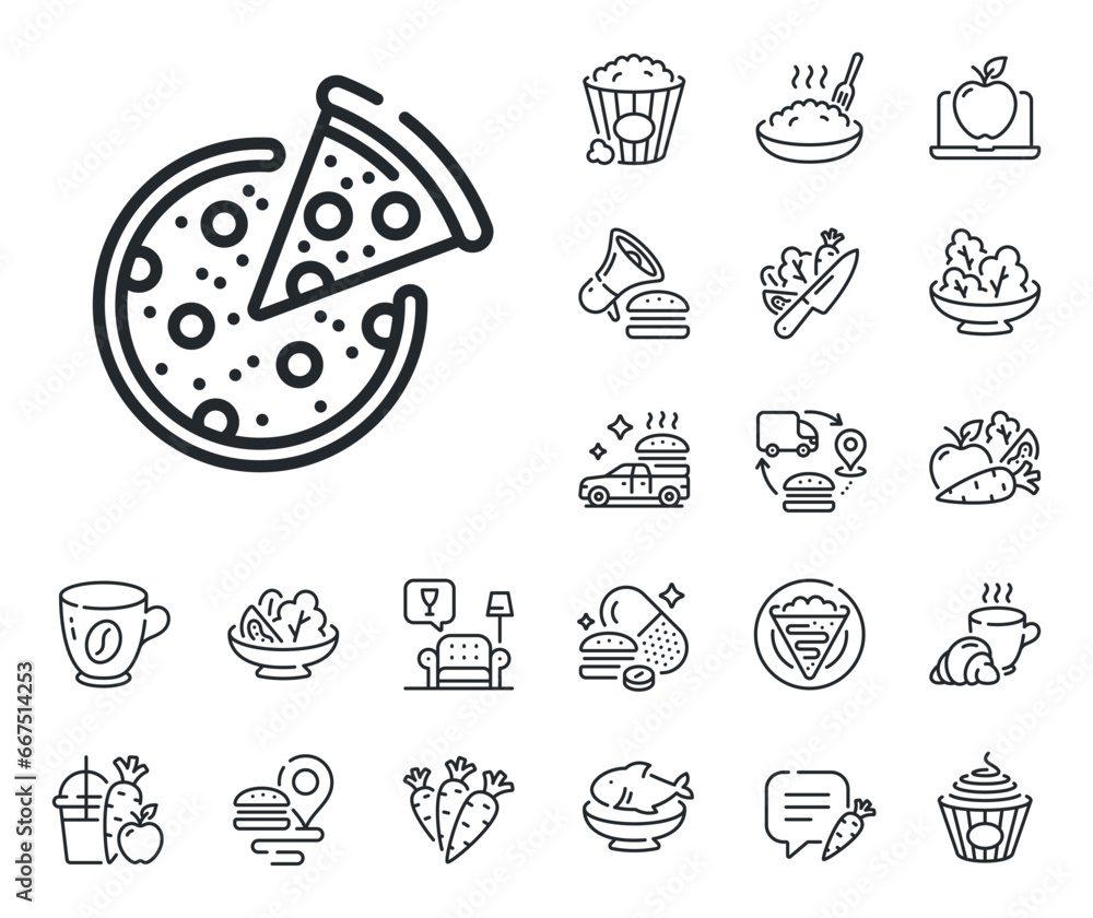 Italian food slice sign. Crepe, sweet popcorn and salad outline icons. Pizza line icon. Cheese fast food symbol. Pizza line sign. Pasta spaghetti, fresh juice icon. Supply chain. Vector Italian food slice sign. Crepe, sweet popcorn and salad outline icons. Pizza line icon. Cheese fast food symbol. Pizza line sign. Pasta spaghetti, fresh juice icon. Supply chain. Vector