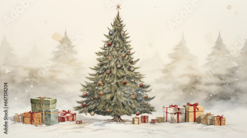 Christmas Tree and Presents, Vintage Style, Watercolor