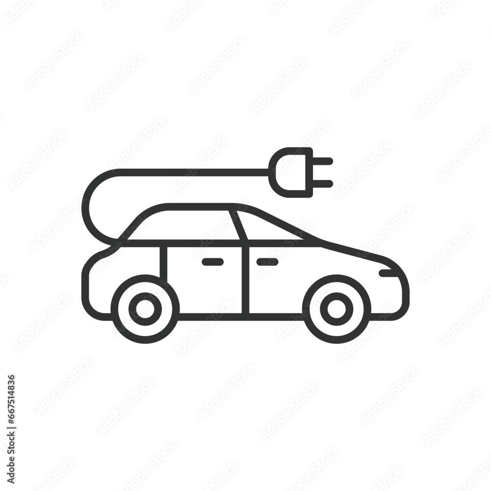 Electrical car line icon. Hybrid Vehicles. Eco friendly auto with electric battery. Side view. Editable stroke. Vector illustration.