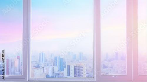 view from plastic windows in the city  soft color pastel background  modern city windows of an apartment building