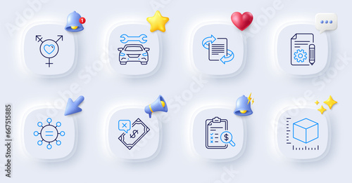 Marketing, Ethics and Documentation line icons. Buttons with 3d bell, chat speech, cursor. Pack of Rejected payment, Genders, Package size icon. Accounting report, Car pictogram. Vector