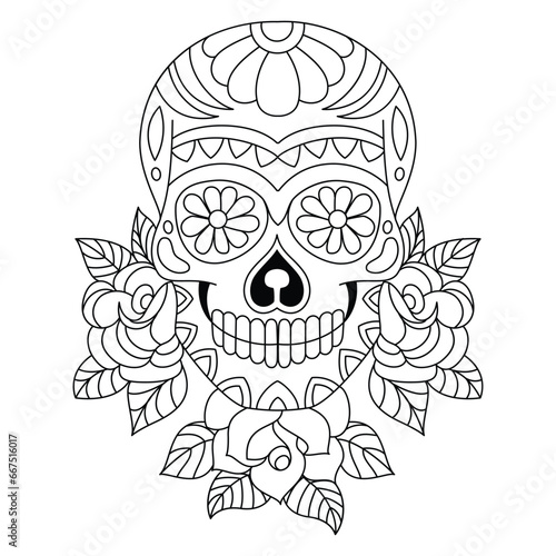 Mexican sugar skull isolated vector with flowers decoration for Day of the Dead coloring pages for kids page 6