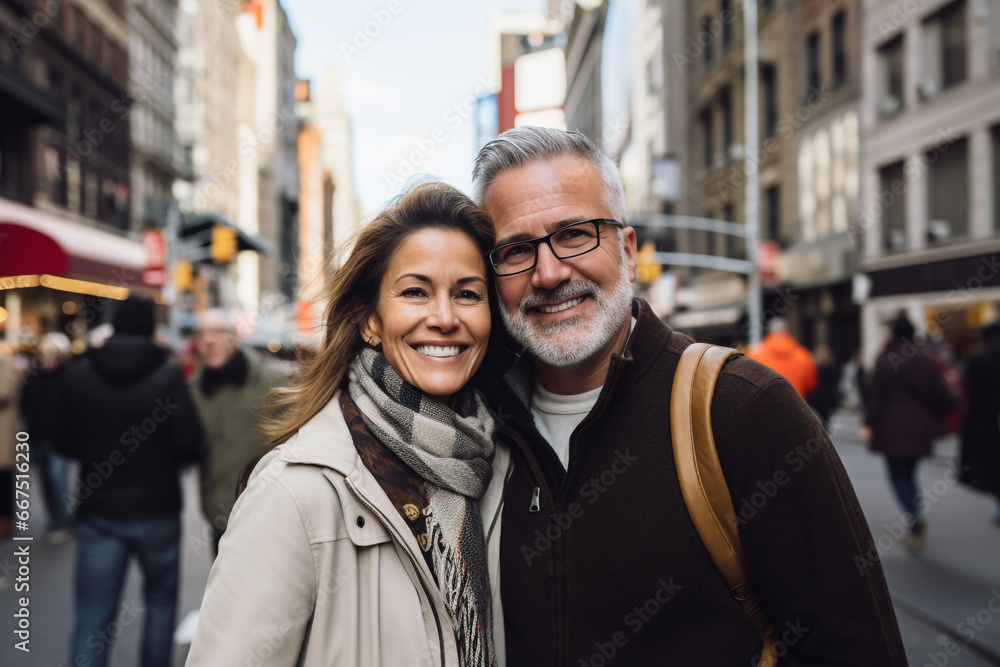 Travel photography of a mid aged couple in a big city