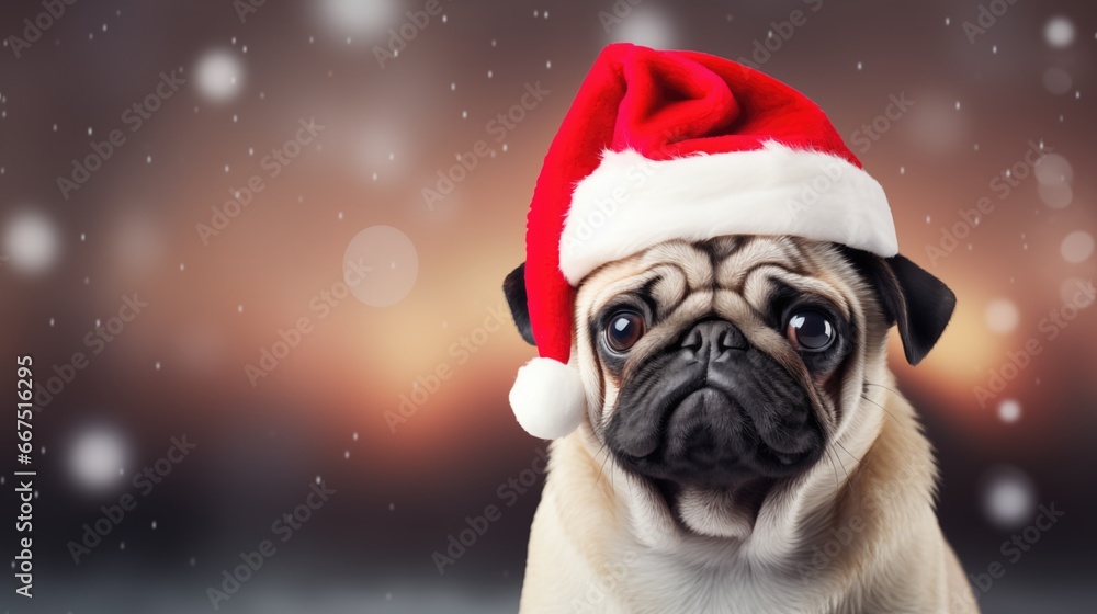 A charming dog in a Christmas hat surrounded by festive decorations