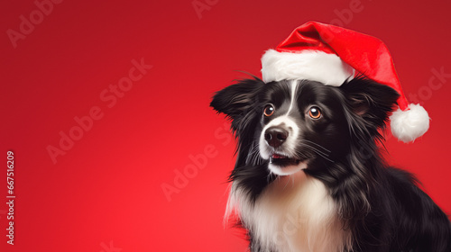 Cute dog in a Christmas hat against a red backdrop, with space for your text